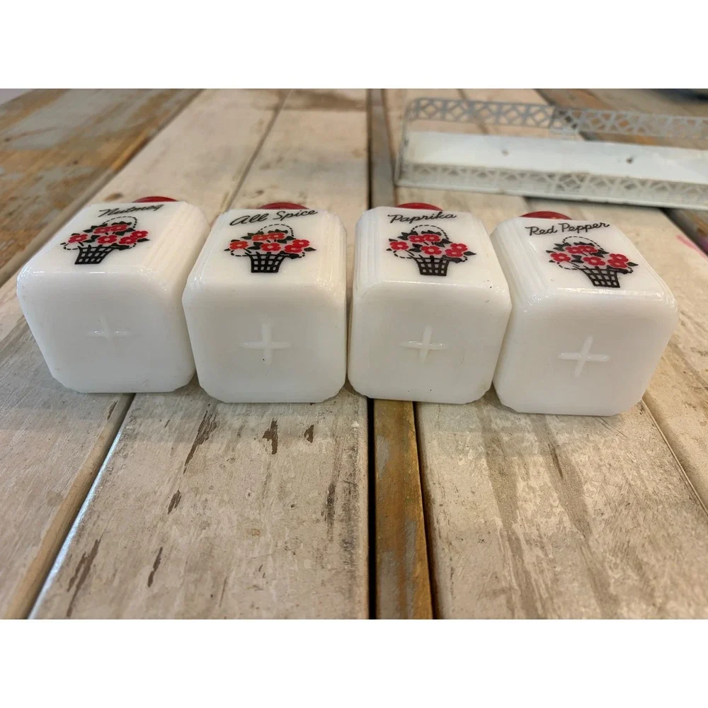 Vintage TIPP USA Milk Glass Spice Jar Set 8pc Red Lids Floral Basket Rack